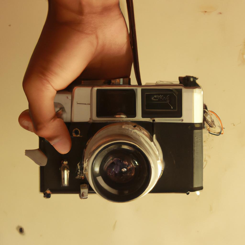 Person holding vintage camera, posing