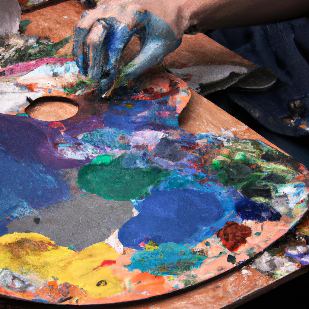 Artist mixing paint on palette