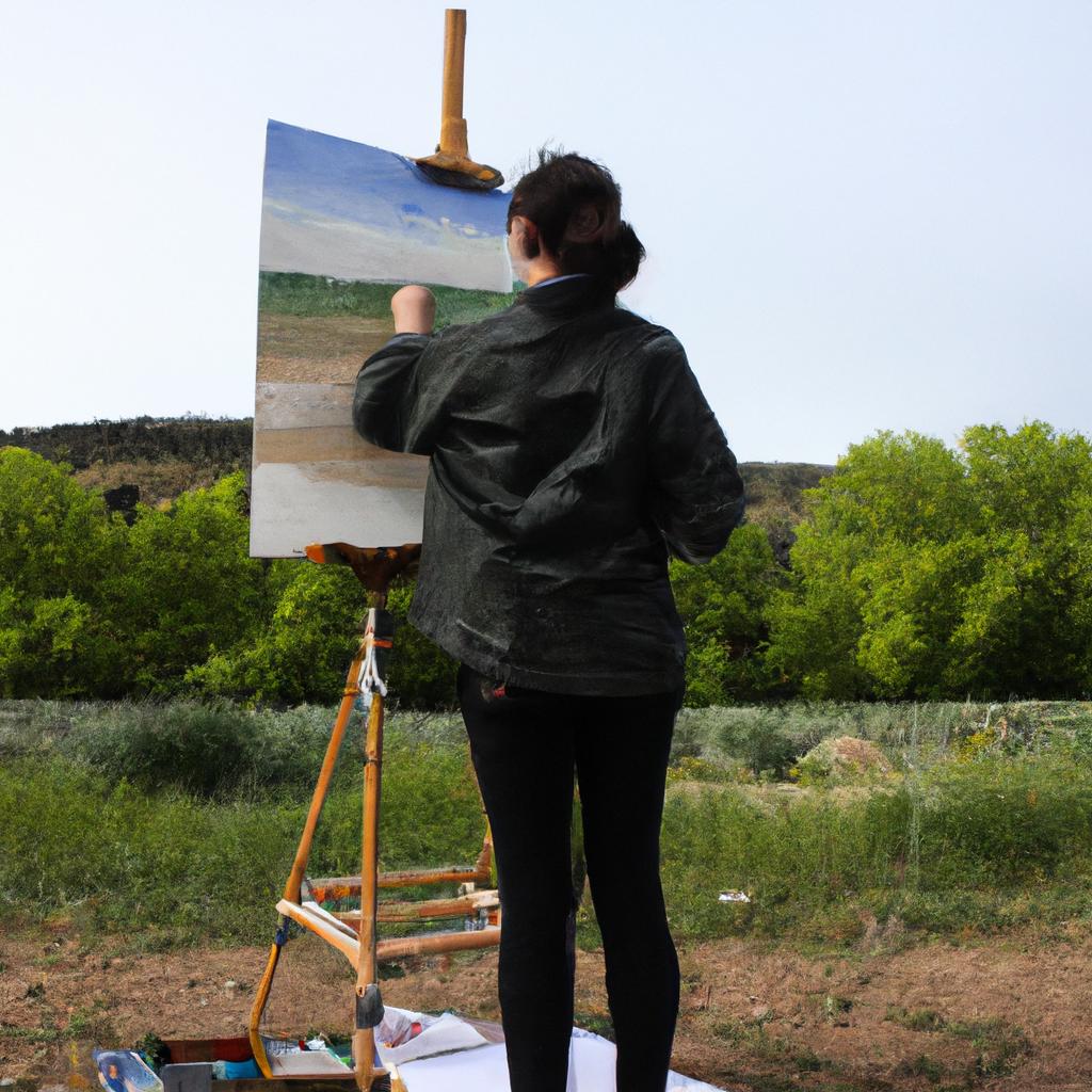 Person painting on canvas outdoors