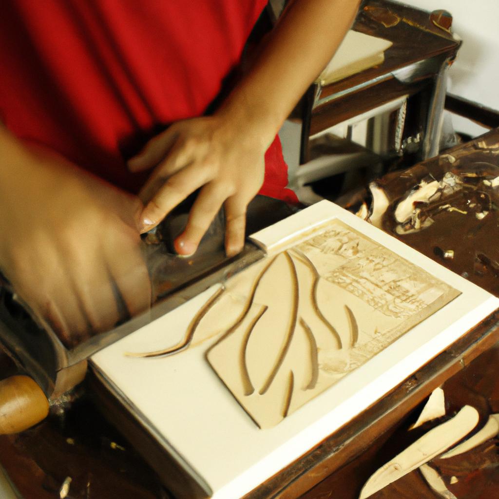 Person carving woodblock for printing
